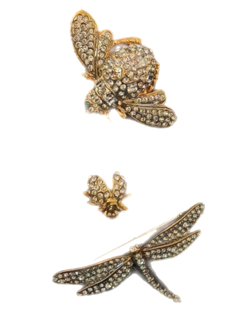 Lot of 3 Beautiful Vintage Gold Tone Rhinestone Brooches Dragonfly Lady bug bee